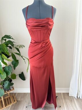 Azazie Rust Red Satin Maxi Dress with Draped Bodice